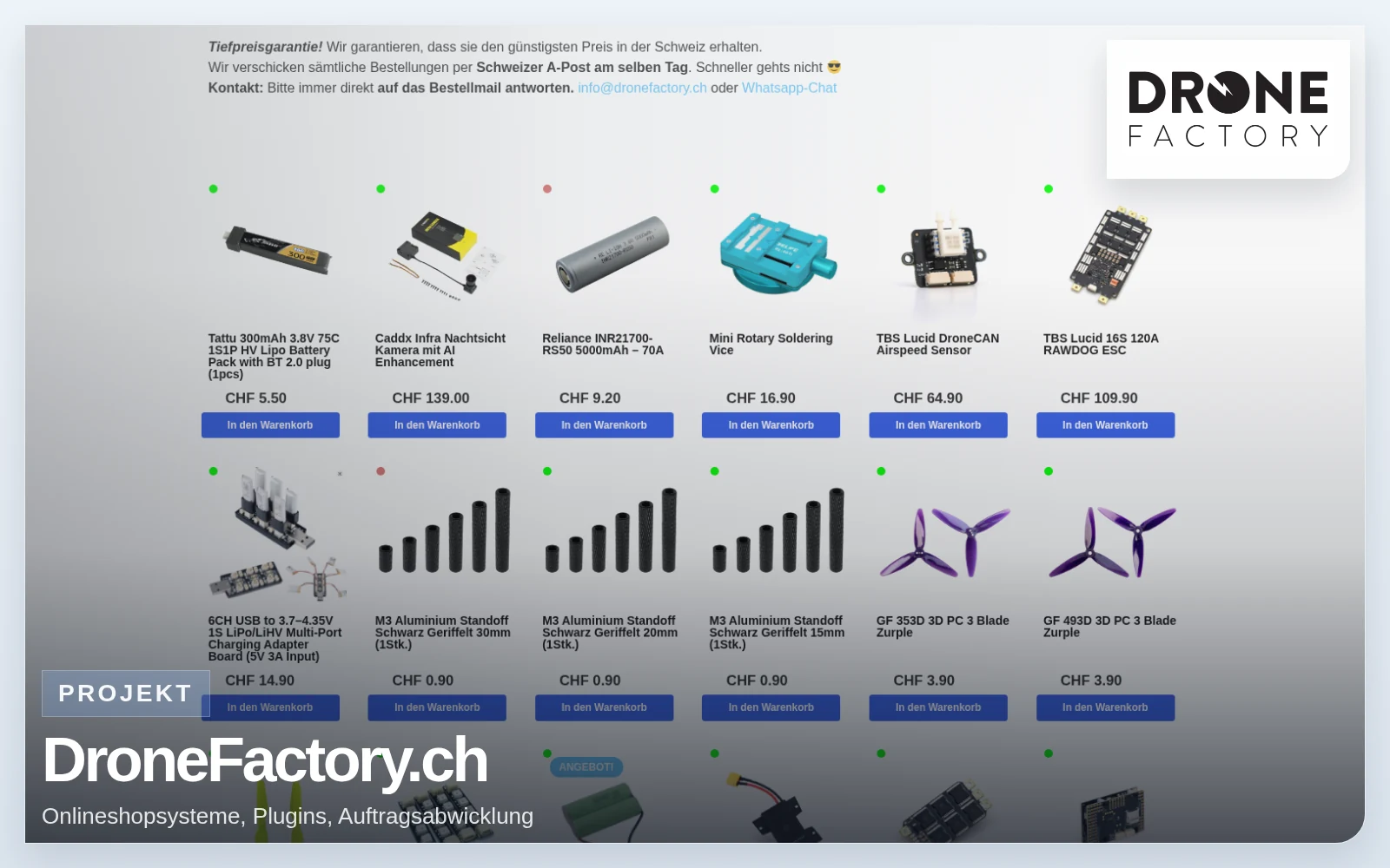 Vorschaubild von DroneFactory.ch mit Shop-Screenshot und Logo