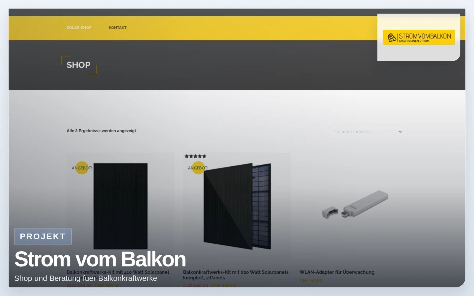 Vorschaubild von Strom vom Balkon mit Shop-Screenshot und Logo
